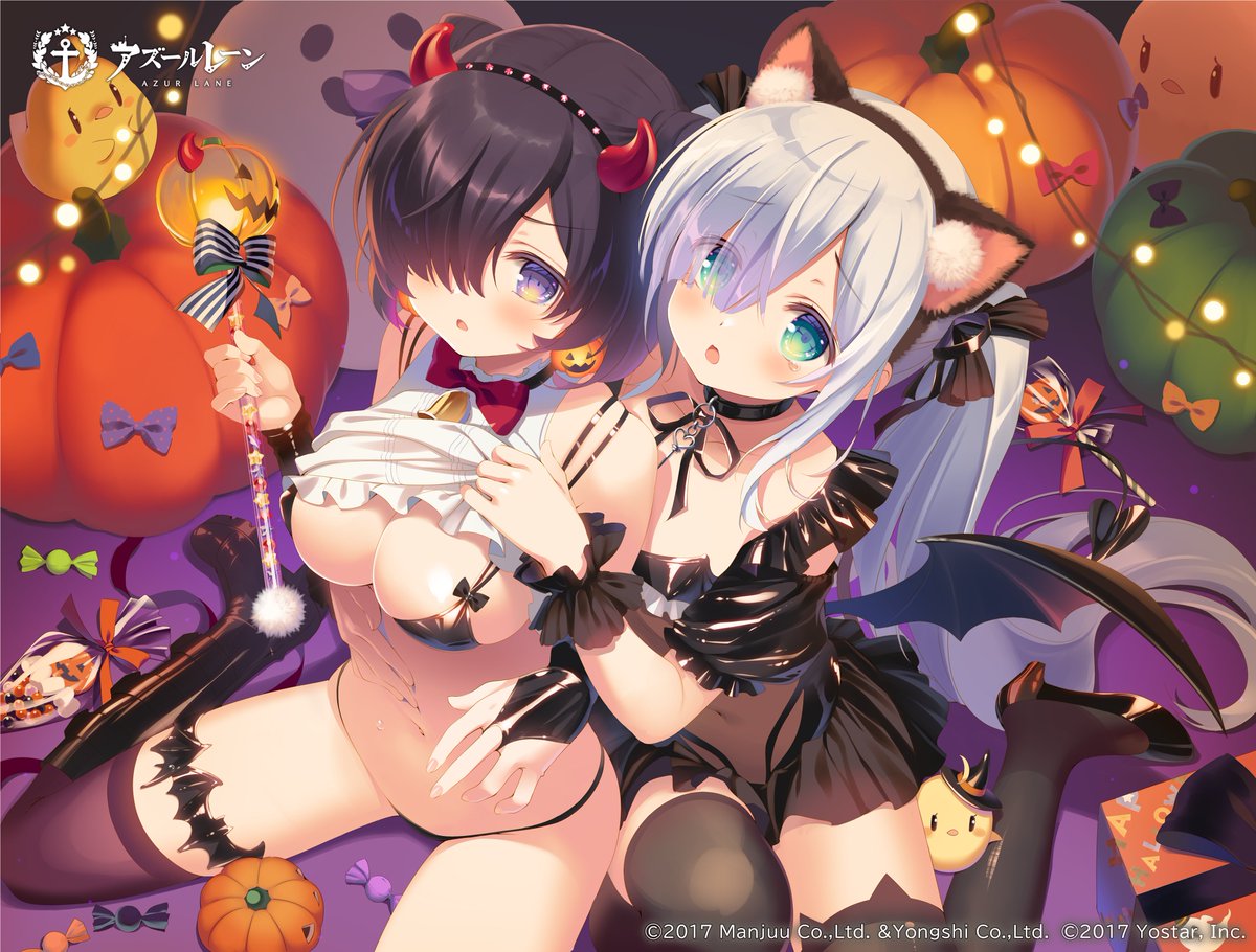 2girls animal_ear_legwear animal_ears azur_lane bell black_choker black_dress black_footwear black_hair black_thighhighs blue_eyes boots bow bowtie box breasts bridal_gauntlets cat_ear_legwear character_request choker clothes_lift collarbone copyright demon_horns dress earrings eyes_visible_through_hair fake_animal_ears fake_horns gift gift_box grey_hair hair_ribbon halloween hand_on_another's_stomach hat high_heels holding holding_wand horns jack-o'-lantern jack-o'-lantern_earrings jewelry knee_boots lifted_by_another long_hair manjuu_(azur_lane) multiple_girls navel neck_bell official_art open_mouth orange_bow purple_eyes red_bow red_bowtie ribbon second-party_source see-through shirt_lift short_hair single_thighhigh thighhighs wand witch_hat wrapped_candy