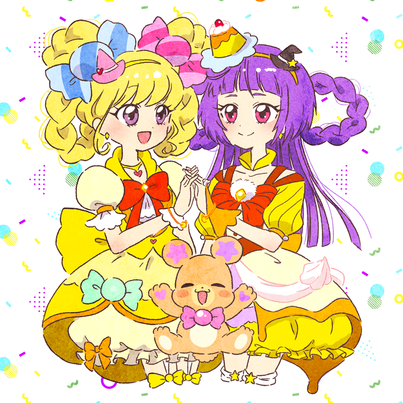 2girls :d asahina_mirai blonde_hair bow candy_hair_ornament commentary_request cure_magical cure_miracle diamond-shaped_brooch dress earrings folded_braid food-themed_hair_ornament hair_ornament hat holding_hands hoppetoonaka3 izayoi_liko jewelry long_hair looking_at_another magical_girl mahou_girls_precure! mini_hat mini_witch_hat mofurun_(mahou_girls_precure!) multiple_girls open_mouth pink_eyes pink_headwear precure purple_eyes purple_hair simple_background skirt smile witch_hat