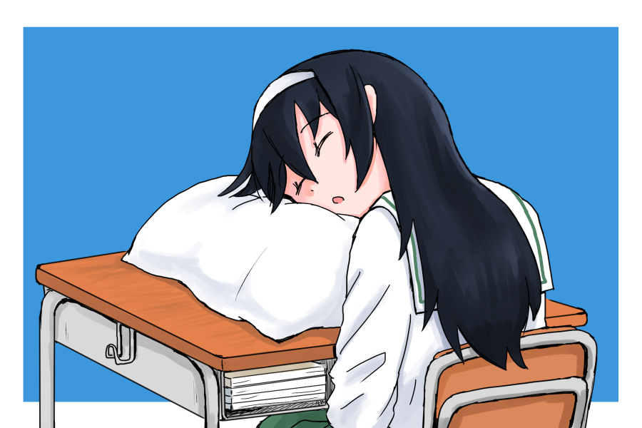 1girl black_hair closed_eyes desk girls_und_panzer hairband long_hair mutsu_(layergreen) ooarai_school_uniform open_mouth pillow reizei_mako school_desk school_uniform simple_background sleeping solo