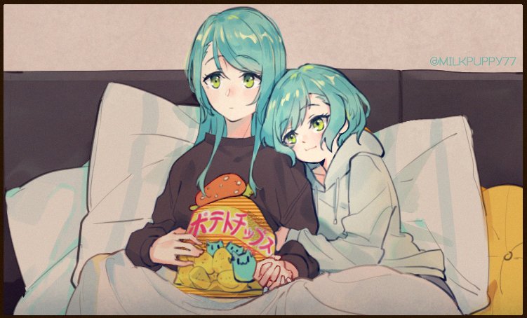 2girls bag bang_dream! brown_shirt chips_(food) couch cuddling food green_eyes hikawa_hina hikawa_sayo holding holding_bag holding_hands hood hoodie interlocked_fingers locked_arms long_hair medium_hair milk_puppy multiple_girls on_couch pillow potato_chips shirt siblings sisters twins twitter_username under_covers white_hoodie