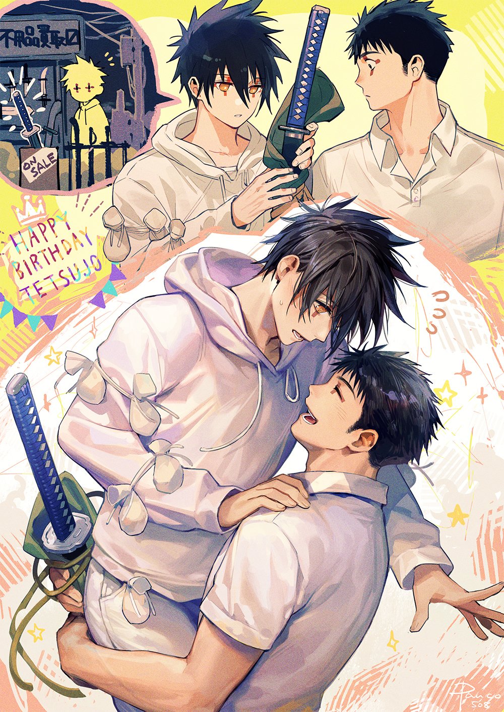 2boys :d bag bishounen black_hair carrying carrying_person carrying_under_arm closed_eyes couple cowboy_shot cropped_torso dokuga dorohedoro eye_tattoo flying_sweatdrops hand_on_another's_shoulder happy happy_birthday highres holding holding_sword holding_weapon hood hoodie katana lifting_person looking_at_another male_focus multiple_boys multiple_views open_mouth panco pants profile satchel shirt short_hair sideburns smile sweatdrop sword tetsujo translation_request upper_body weapon white_hoodie white_pants white_shirt yaoi yellow_eyes