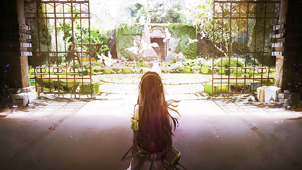 1girl bird black_hair clothes_around_waist day flock from_behind game_cg garden gate girls'_frontline green_armband green_hair hairband infukun jacket jacket_around_waist long_hair m4a1_(girls'_frontline) multicolored_hair official_art patio patio_swing sleeveless solo spoilers streaked_hair very_long_hair