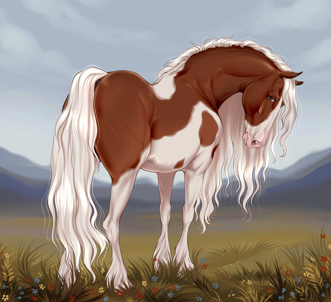 2023 brown_body brown_fur equid equine female feral fur grass horse looking_at_viewer mammal mane multicolored_body multicolored_fur outside plant rear_view sky solo standing tail two_tone_body two_tone_fur velvet_requiem white_body white_fur white_mane white_tail