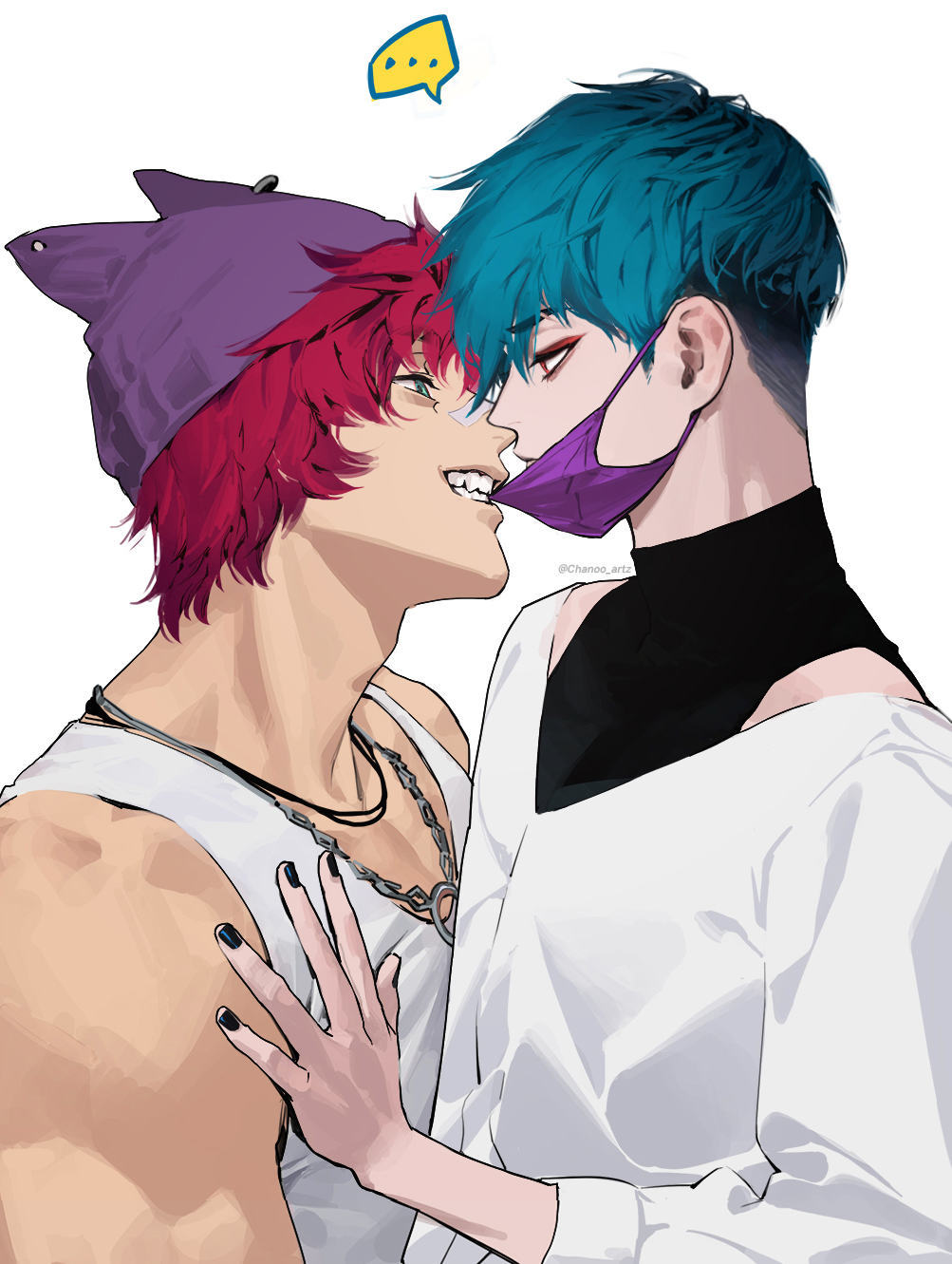 ... 2boys annoyed aphelios bandaid bandaid_on_face bandaid_on_nose black_nails blue_eyes blue_hair chanoo_artz clenched_teeth english_commentary face-to-face fingernails hand_on_another's_chest heartsteel_aphelios heartsteel_sett highres jewelry league_of_legends long_sleeves male_focus mask mouth_mask multiple_boys muscular muscular_male nail_polish necklace official_alternate_hairstyle red_eyes red_hair sett_(league_of_legends) shirt short_hair simple_background sleeveless smile teeth white_background white_shirt yaoi