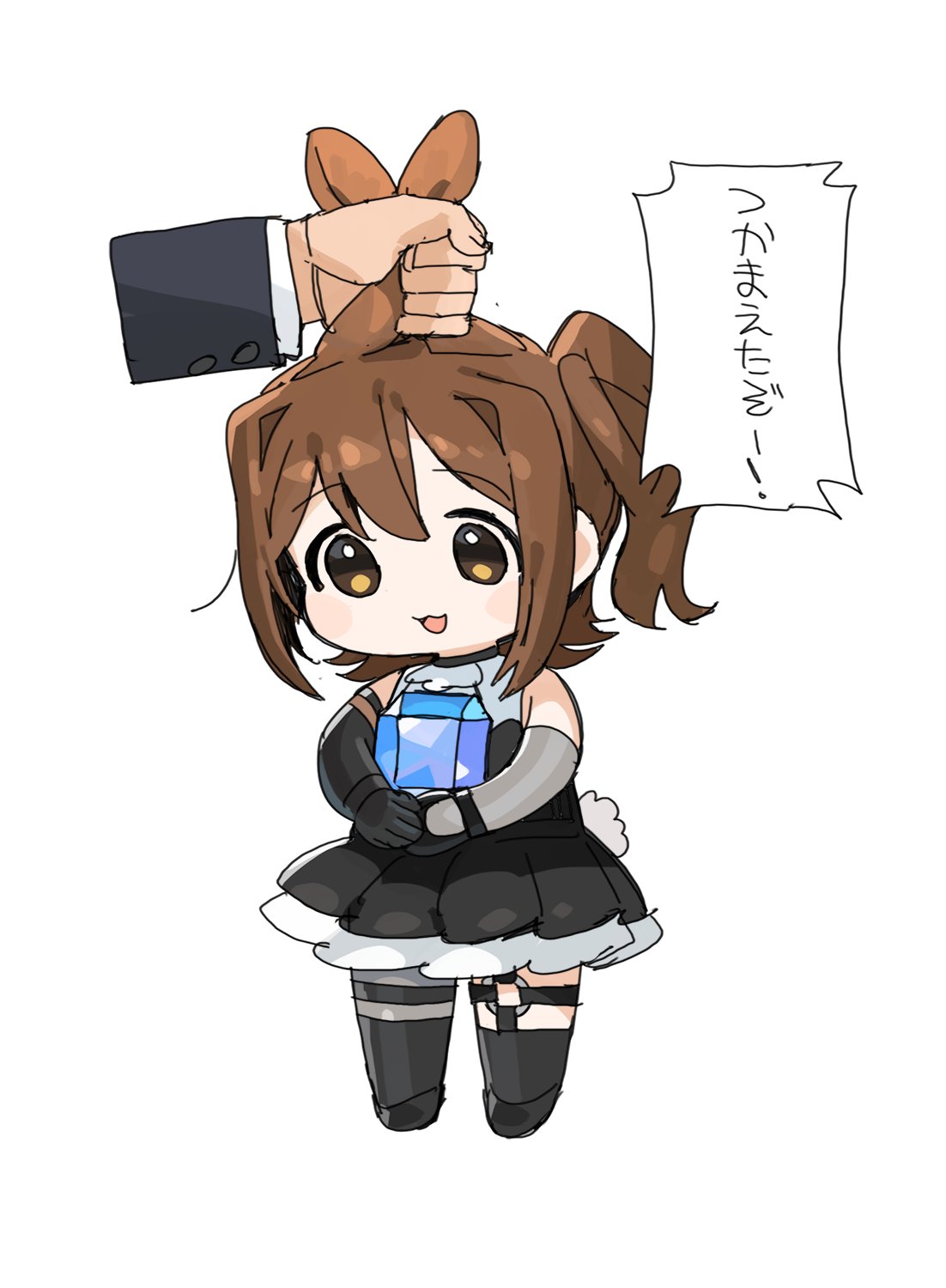 1boy 1girl :3 animal_ears black_dress black_gloves black_thighhighs brown_eyes brown_hair detached_sleeves dress elbow_gloves gem gloves grabbing_another's_ear hand_on_another's_ear hanging highres holding holding_gem idolmaster idolmaster_million_live! idolmaster_million_live!_theater_days kasuga_mirai looking_down medium_hair open_mouth petite rabbit_ears rabbit_tail side_ponytail sidelocks single_detached_sleeve single_elbow_glove single_glove spawnfoxy tail thigh_strap thighhighs white_background