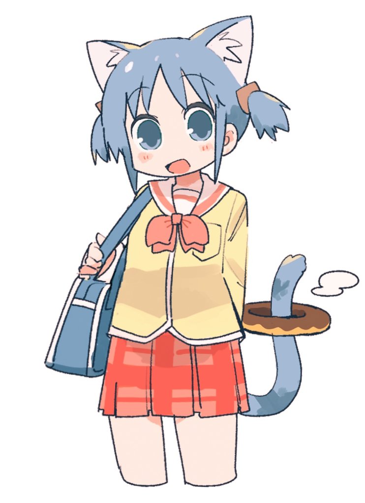 1girl animal_ear_fluff animal_ears arm_behind_back bag blue_bag blue_eyes blue_hair blush breast_pocket buttergirl_02 cat_ears cat_girl cat_tail commentary cowboy_shot cropped_legs cube_hair_ornament doughnut food hair_ornament holding_strap kemonomimi_mode long_sleeves looking_at_viewer miniskirt naganohara_mio nichijou open_mouth plaid plaid_skirt pleated_skirt pocket red_skirt sailor_collar school_bag school_uniform shirt short_hair short_twintails shoulder_bag sidelocks simple_background skirt solo tail twintails white_background yellow_shirt