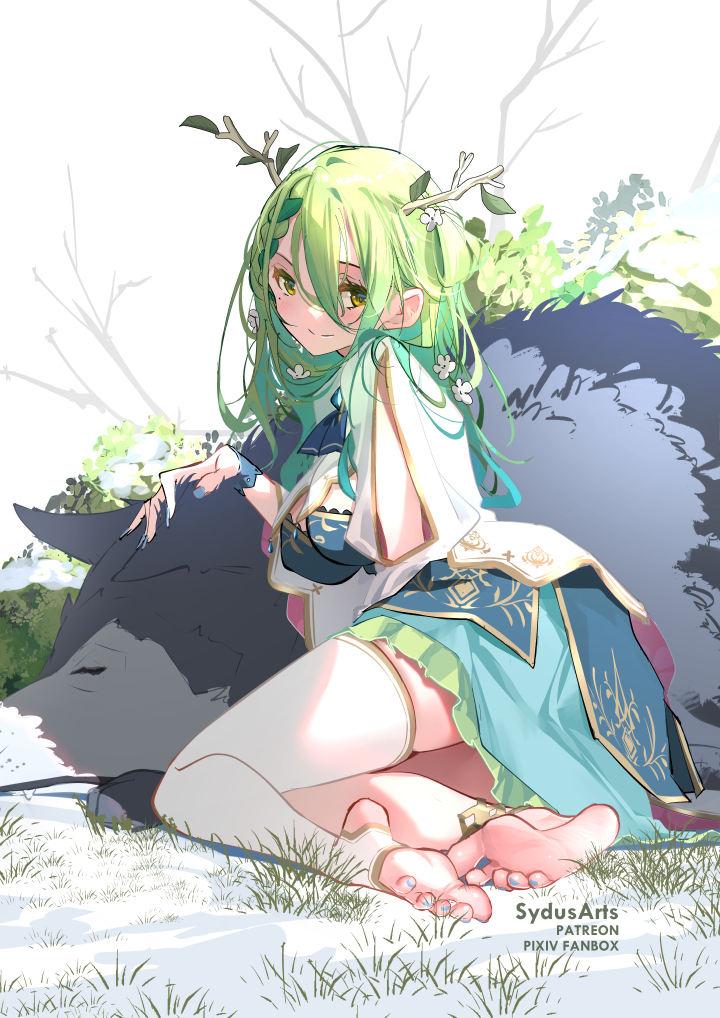 anklet antlers barefoot black_gloves blue_dress blue_ribbon breasts ceres_fauna ceres_fauna_(1st_costume) covered_nipples dress flower frilled_skirt frills gloves green_hair hair_flower hair_ornament hololive hololive_english jewelry large_breasts long_hair looking_at_viewer mole mole_under_eye nail_polish partially_fingerless_gloves patreon_username patting pixiv_username ribbon single_thighhigh skirt snow soles sydus thighhighs toenail_polish toenails toes virtual_youtuber white_dress white_thighhighs winter wolf yellow_eyes
