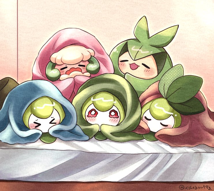 &gt;_&lt; animal_focus bed blanket blush closed_eyes colored_skin crying green_skin leaf looking_at_viewer mochopaccho no_humans open_mouth petilil pokemon pokemon_(creature) sleeping swadloon whimsicott white_skin