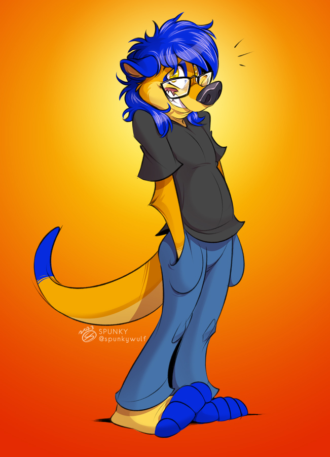 anthro blue_hair bottomwear clothing denim denim_clothing eyewear glasses grin hair herpestid jeans male mammal meerkat nervous pants sheepish shirt smile solo spunky_(artist) t-shirt topwear yellow_eyes