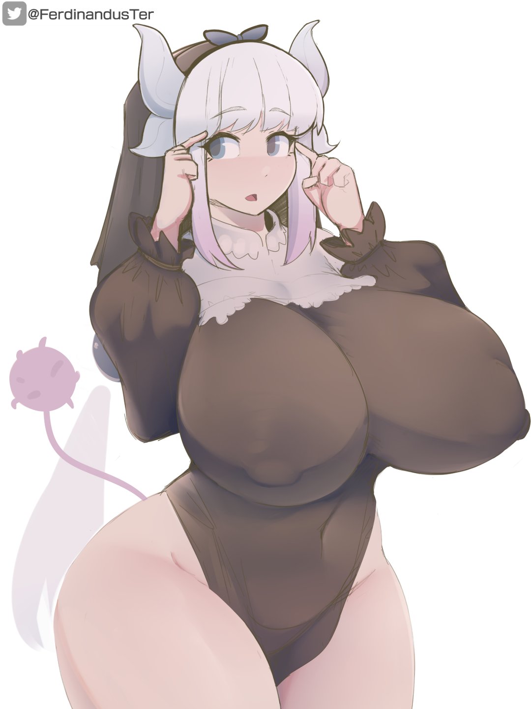 aged_up animal_humanoid big_breasts blue_eyes breasts dragon dragon_humanoid female ferdinandus hair hi_res horn horned_humanoid huge_breasts huge_thighs humanoid kanna_kamui looking_aside miss_kobayashi's_dragon_maid navel nipple_outline open_mouth purple_hair signature solo standing text thick_thighs twitter white_hair wide_hips