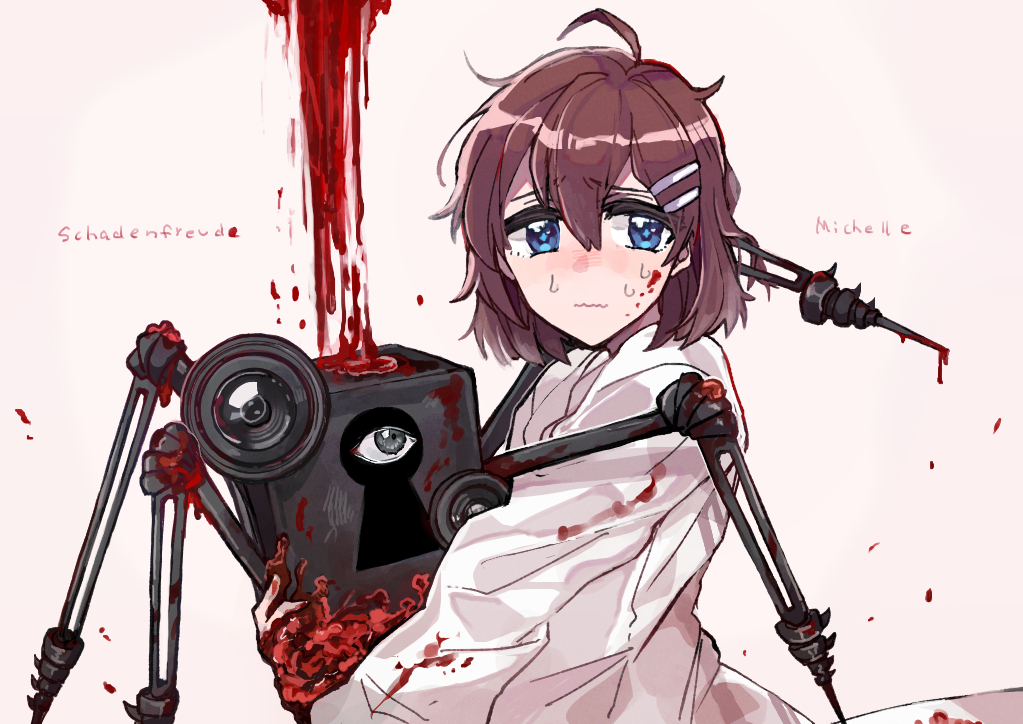 1girl ahoge blood blood_on_clothes blue_eyes brown_hair character_name coat flesh grey_eyes hair_ornament hairclip lab_coat lobotomy_corporation lock medium_hair michelle_(project_moon) project_moon schadenfreude_(project_moon) simple_background solo sweat upper_body wavy_mouth white_background white_coat yono_neie