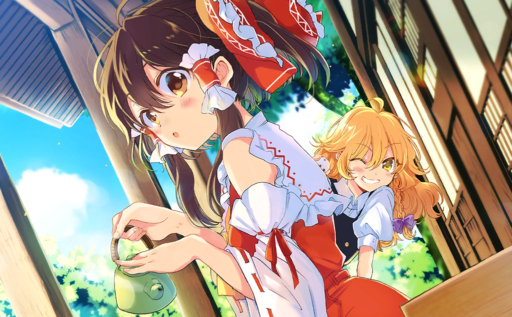 2girls :o ahoge ascot bare_shoulders black_vest blonde_hair blue_sky blush bow braid brown_eyes brown_hair bush buttons cloud collar collared_shirt collared_vest detached_sleeves dutch_angle eyelashes fingernails frilled_bow frilled_collar frilled_hair_tubes frills from_side game_cg hair_bow hair_tubes hakurei_reimu hakurei_shrine holding_kettle kirisame_marisa long_hair long_sleeves looking_at_viewer medium_hair multiple_girls no_headwear official_art one_eye_closed open_mouth outdoors ponytail poprication puffy_short_sleeves puffy_sleeves purple_bow red_bow red_skirt red_vest ribbon-trimmed_sleeves ribbon_trim shirt short_sleeves sidelocks single_braid skirt skirt_set sky sleeve_bow smile teeth third-party_source touhou touhou_cannonball tree veranda vest wavy_hair white_collar white_shirt white_sleeves yellow_ascot yellow_eyes