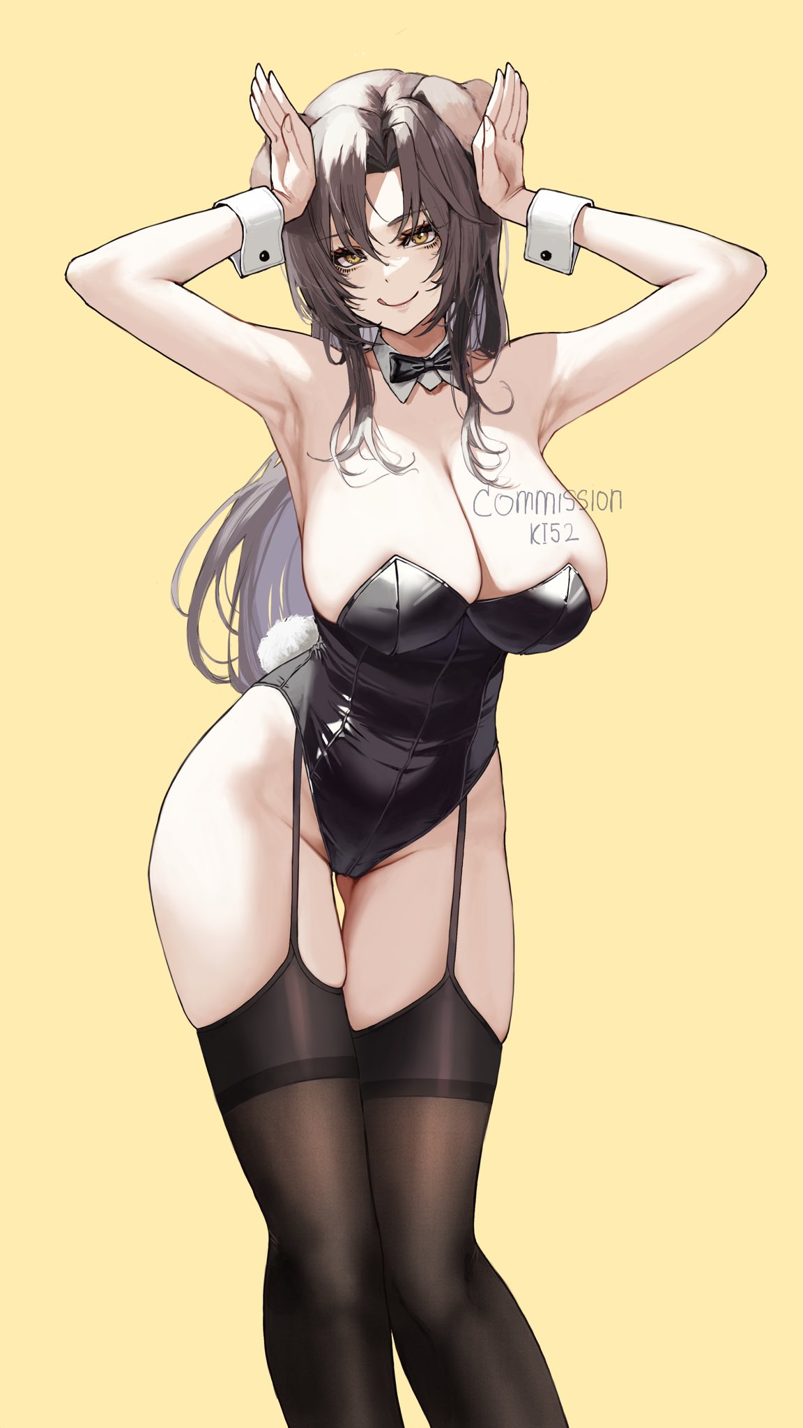 1girl animal_ears armpits arms_up ass_visible_through_thighs black_bow black_bowtie black_leotard black_thighhighs bow bowtie breasts brown_hair cleavage commission detached_collar dog_ears feet_out_of_frame garter_straps highres huge_breasts ki-16 leotard licking_lips long_hair looking_at_viewer original parted_bangs playboy_bunny rabbit_pose simple_background skindentation solo standing strapless strapless_leotard thighhighs tongue tongue_out wrist_cuffs yellow_background yellow_eyes