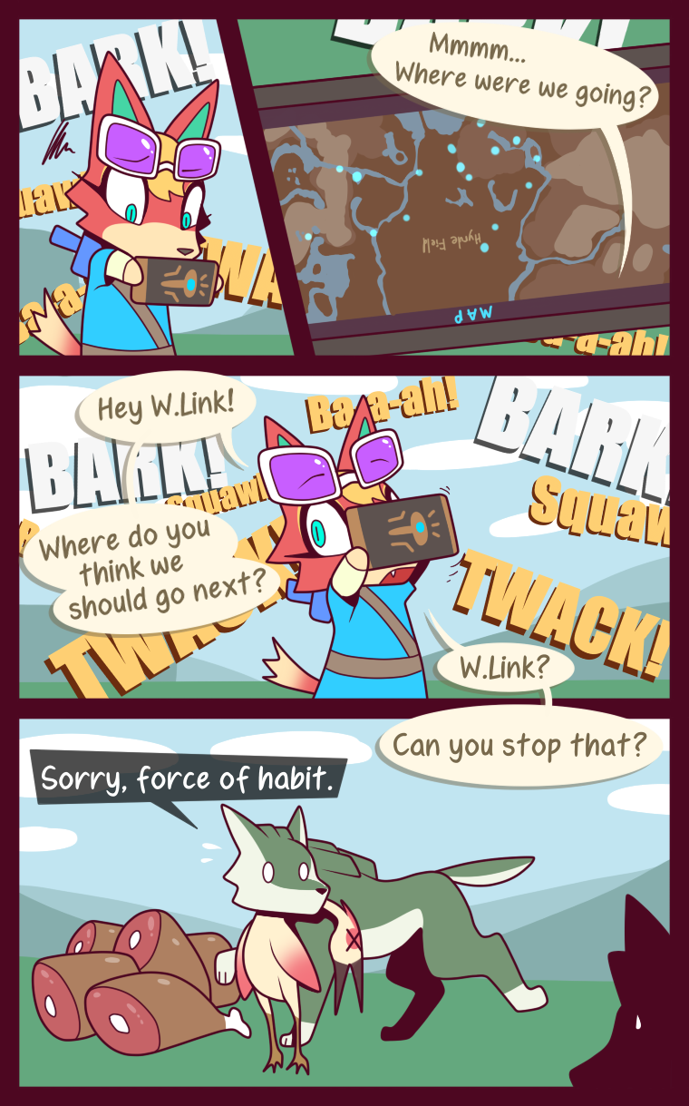 animal_crossing anthro audie_(animal_crossing) avian bird breath_of_the_wild clothed clothing comic dialogue english_text eyewear eyewear_on_head female food glasses glasses_on_head hi_res humor link_(wolf_form) male map meat nintendo onomatopoeia r-mk sheikah_slate sound_effects speech_bubble text the_legend_of_zelda upside_down x_eye x_eyes