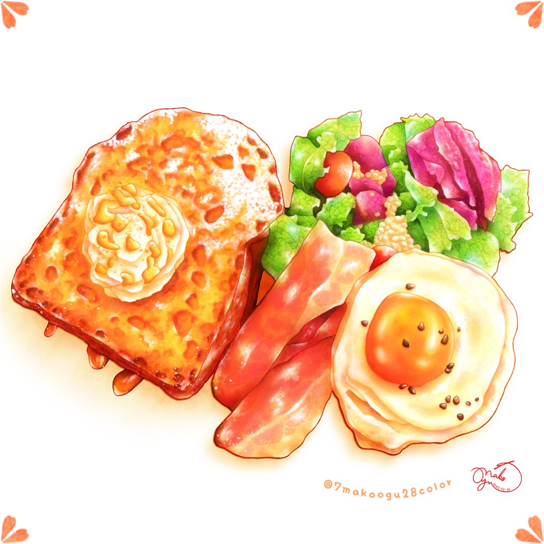 7makoogu28color artist_name bread cafe color_ink_(medium) food food_focus french_toast fried_egg no_humans original painting_(medium) salad salmon simple_background toast traditional_media twitter_username watercolor_(medium) white_background