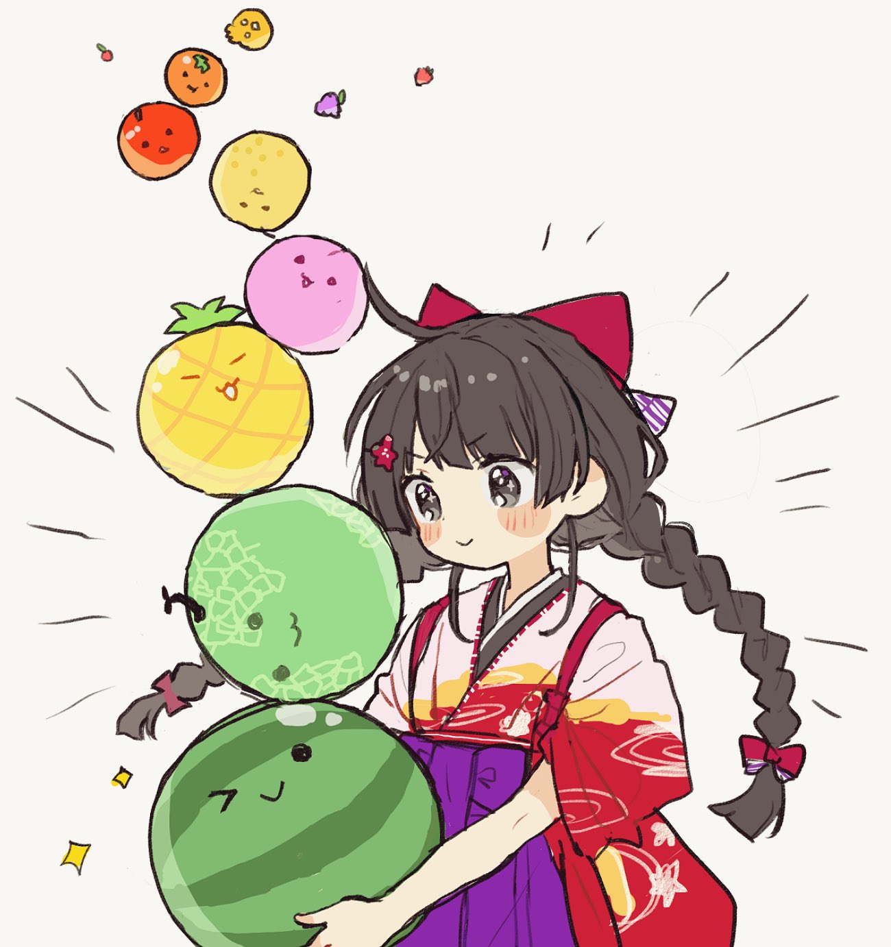 &gt;_o 1girl :3 apple black_eyes black_hair blush_stickers bow braid cantaloupe commentary cowboy_shot floating_hair flower food food_with_face fruit grapefruit grapes hair_bow hair_flower hair_ornament hakama highres holding holding_food japanese_clothes kimono lemon long_hair looking_at_food low_twin_braids mrokr multicolored_clothes multicolored_kimono multiple_hair_bows nijisanji one_eye_closed orange_(fruit) peach pineapple print_kimono purple_hakama red_bow red_flower red_kimono sleeves_rolled_up smile solo sparkle sparkling_eyes stack strawberry suika_game symbol-only_commentary tasuki tsukino_mito tsukino_mito_(4th_costume) twin_braids virtual_youtuber watermelon white_background white_kimono