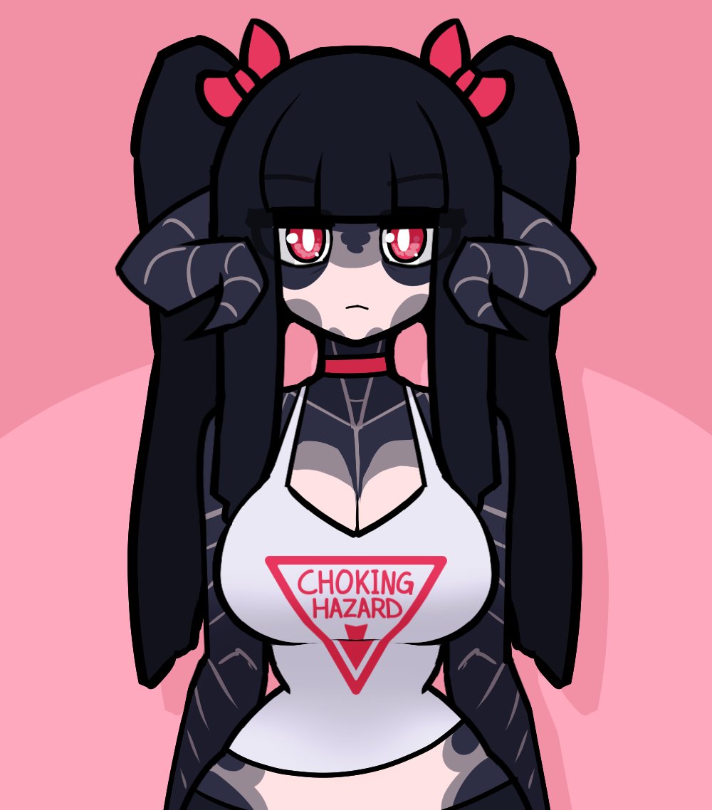 accessory big_breasts black_hair bow_ribbon breasts cleavage clothed clothing female hair hair_accessory hair_bow hair_ribbon horn horned_humanoid humanoid limebreaker looking_at_viewer pigtails red_eyes ribbons solo text text_on_clothing text_on_topwear topwear wide_hips