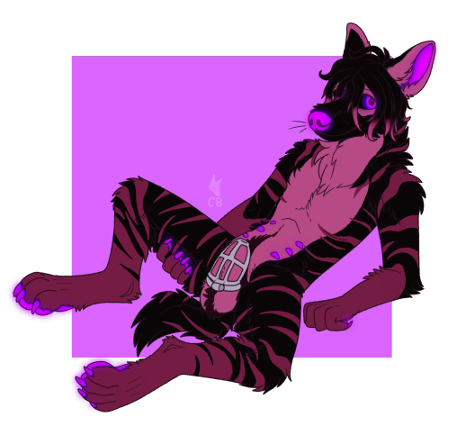 alpha_channel animal_genitalia anthro atrius_(atrius97) balls belly_nipples black_body black_fur cackling-beast chastity_cage chastity_device claws fur fur_tuft genitals glowing glowing_flesh hair hyena male mammal navel neck_tuft pawpads pink_body pink_fur pubes purple_background purple_claws purple_nose purple_pawpads sheath simple_background solo striped_hyena stripes transparent_background tuft watermark