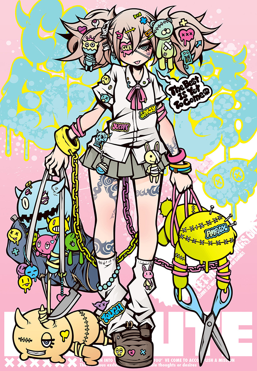 bandages belt_chain bracelet chain decora english_text engrish_text eyepatch heart heart_eyepatch highres jewelry lock nail_polish original padlock project.c.k. punk ranguage scissors skull stitches tattoo thumb_ring tongue tongue_out twintails