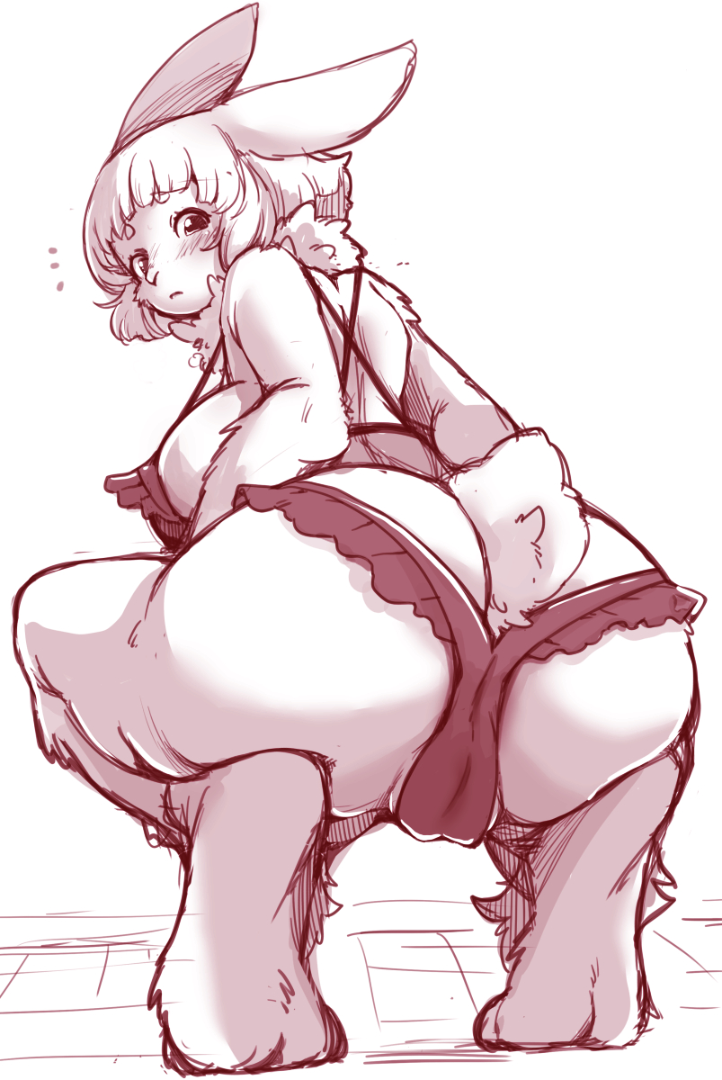 2023 anthro barefoot blush breasts butt camel_toe clothed clothing crouching digital_media_(artwork) feet female hi_res kemono lagomorph leporid lingerie long_ears looking_at_viewer mammal monochrome neck_tuft panties partially_clothed rabbit rear_view scut_tail setouchi_kurage short_tail simple_background sketch solo tail tuft underwear