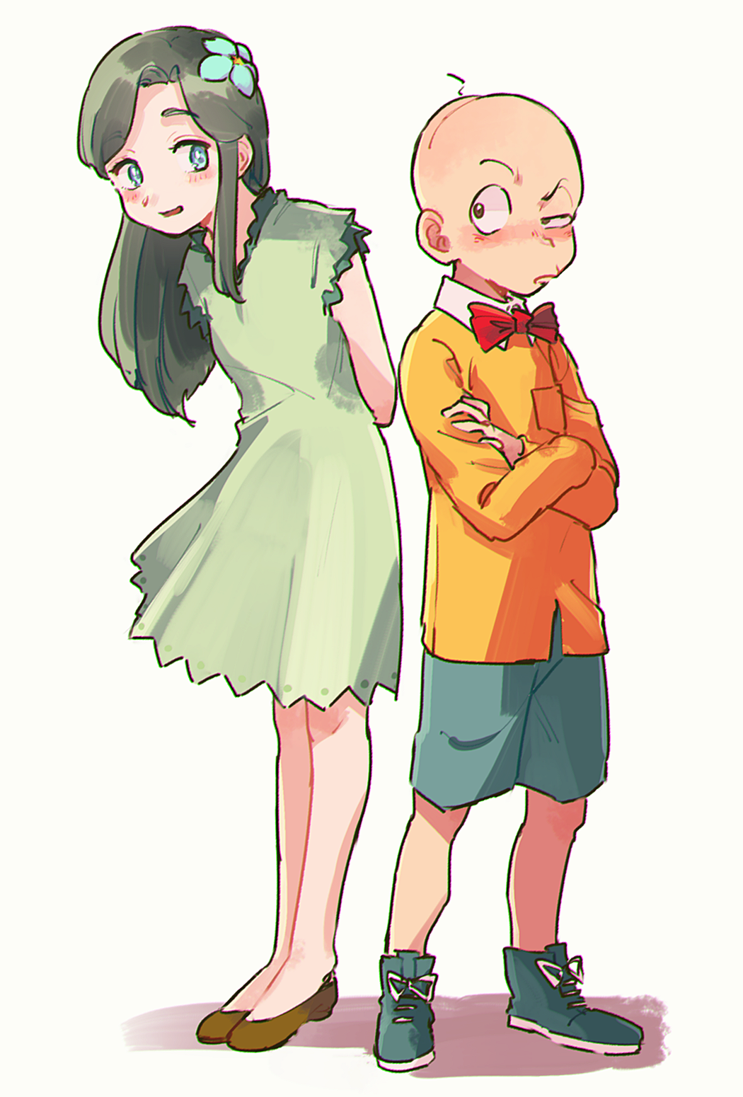 1boy 1girl arms_behind_back bald blue_eyes blue_flower blue_footwear blue_shorts blush bow bowtie brown_eyes brown_footwear chibita crossed_arms curtained_hair dress flower flower_fairy_(osomatsu-kun) funabara green_dress green_hair hair_flower hair_ornament highres leaning_forward long_hair long_sleeves looking_at_another open_mouth osomatsu-san red_bow red_bowtie shirt shorts smile yellow_shirt