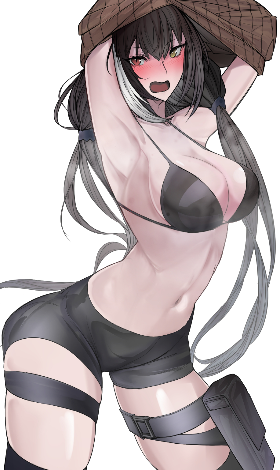 1girl armpits arms_up bad_anatomy bike_shorts bikini black_bikini black_hair breasts cleavage girls'_frontline heterochromia highres long_hair looking_at_viewer low_twintails midriff multicolored_hair navel open_mouth ribbed_sweater ro635_(girls'_frontline) short_shorts shorts streaked_hair swavigg sweater swimsuit thigh_pouch thigh_strap twintails undressing unworn_clothes white_background white_hair