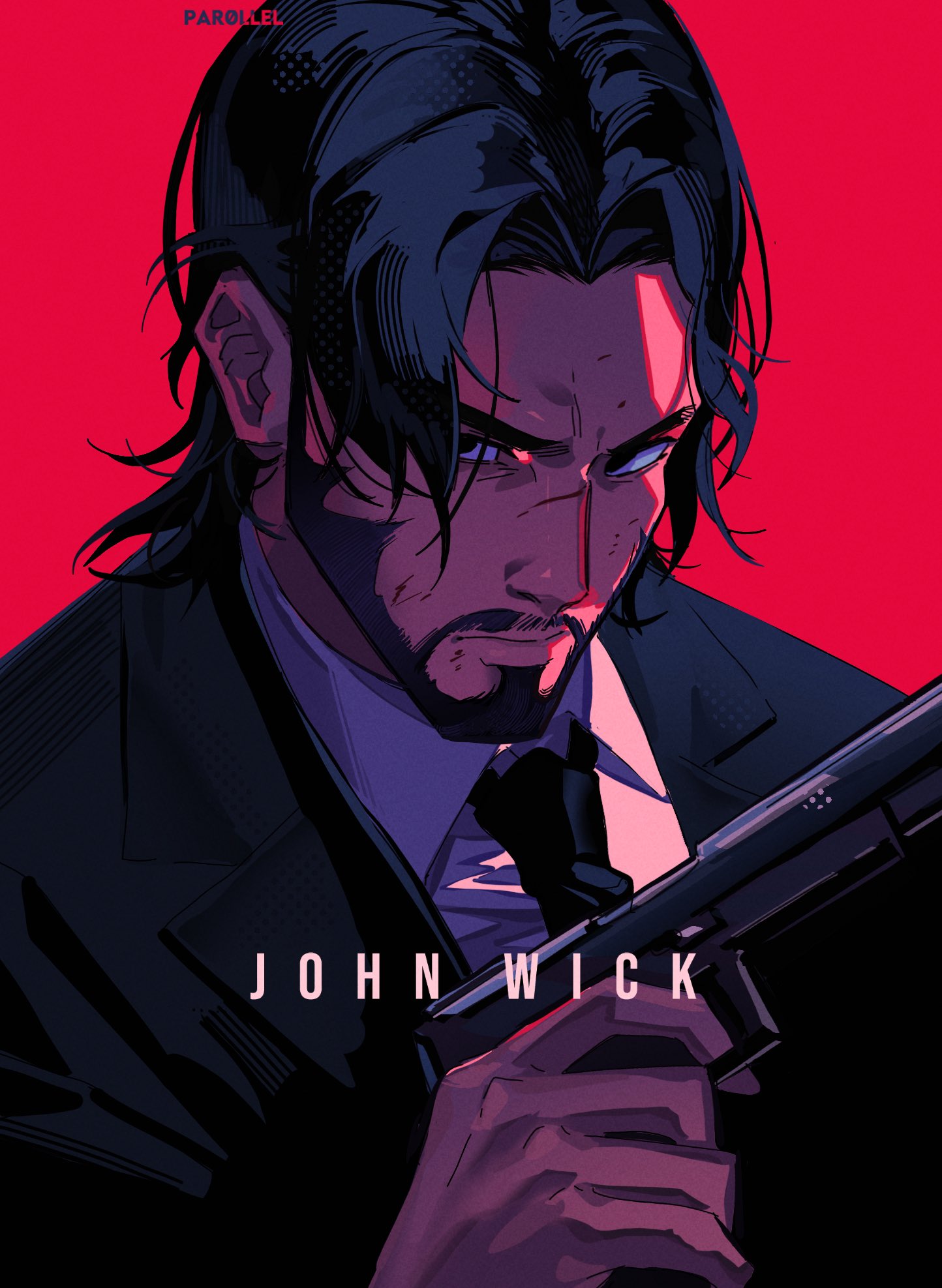 1boy artist_name beard black_hair black_jacket black_necktie copyright_name english_text facial_hair formal gun h&amp;k_p30 handgun highres jacket john_wick john_wick_(character) male_focus necktie par0llel red_background serious shirt solo suit weapon white_shirt