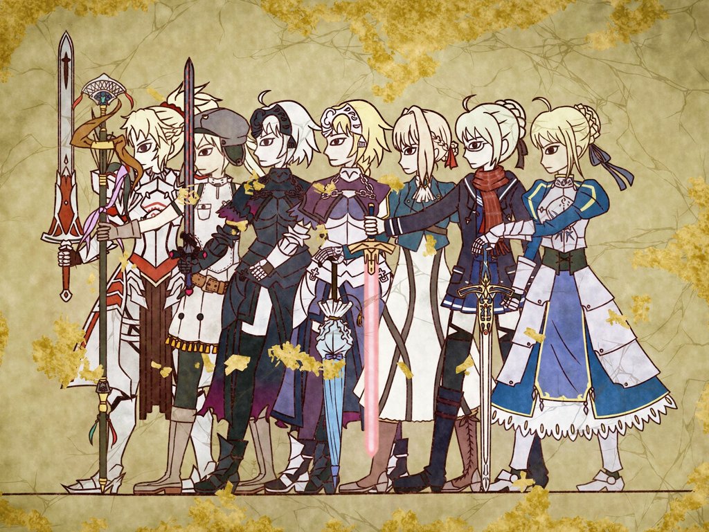6+girls ahoge armor armored_boots artoria_caster_(first_ascension)_(fate) artoria_pendragon_(fate) black_armor black_jacket black_thighhighs blonde_hair blue_dress blue_jacket blue_skirt boots braid brown_gloves commentary_request crossover dress egyptian_art expressionless fate/grand_order fate_(series) french_braid from_side glasses gloves glowing glowing_sword glowing_weapon hair_bun hat holding holding_staff holding_sword holding_umbrella holding_weapon jacket jeanne_d'arc_(fate) jeanne_d'arc_alter_(fate) juliet_sleeves kita_(7kita) long_sleeves look-alike mordred_(fate) multiple_girls mysterious_heroine_x_alter_(fate) planted planted_sword pleated_skirt ponytail puffy_sleeves red_scarf saber scarf sidelocks skirt staff sword thighhighs umbrella violet_evergarden violet_evergarden_(series) weapon