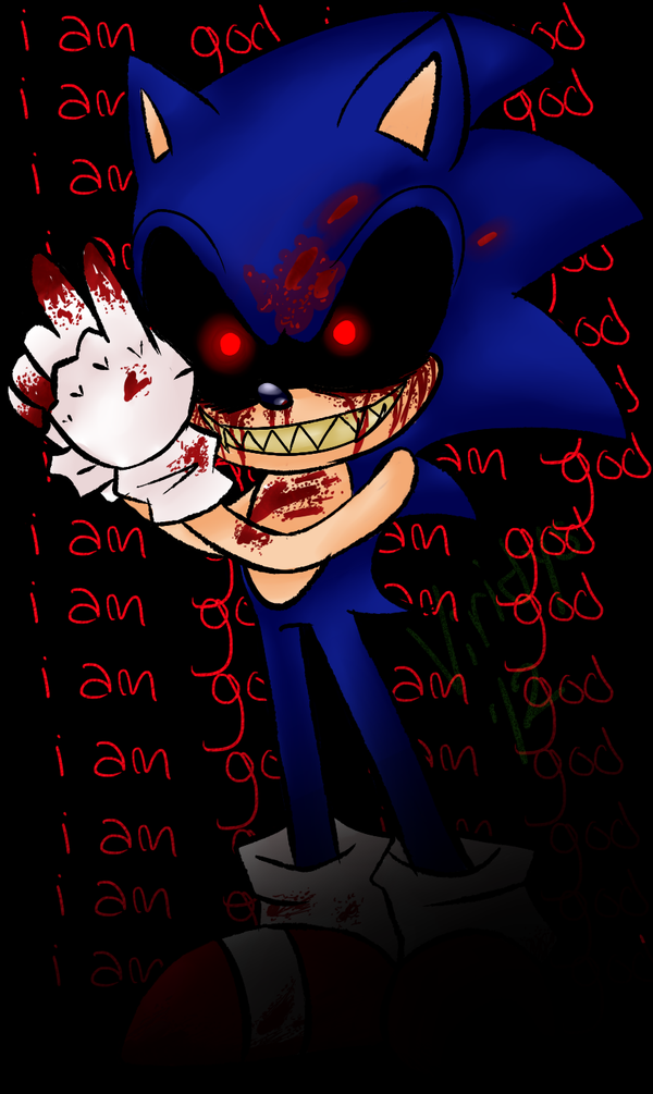 anthro blood blue_body blue_fur bodily_fluids clothing creepy creepypasta demonic english_text eulipotyphlan evil_grin footwear fur gloves glowing glowing_eyes grin handwear hedgehog horror_(theme) male mammal mlgruby nightmare_fuel red_eyes sega shoes smile solo sonic.exe sonic.exe_(creepypasta) sonic_the_hedgehog_(series) teeth text