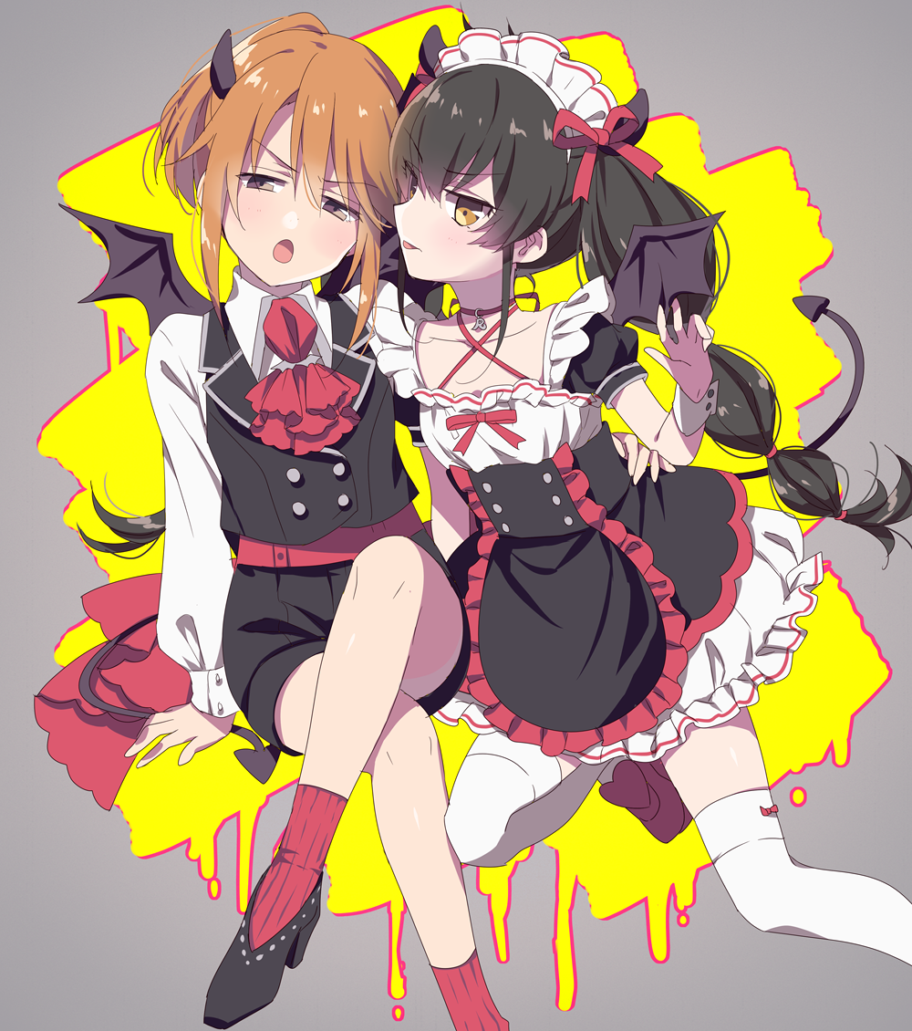 :p beat_shooter_(idolmaster) black_hair black_shorts black_vest blush brown_hair collared_shirt commentary_request crossed_legs demon_girl demon_horns demon_tail demon_wings dress foot_out_of_frame frilled_dress frills grey_eyes high_heels horns idolmaster idolmaster_cinderella_girls jabot looking_at_viewer maid maid_headdress matoba_risa medium_hair open_mouth red_socks riku_(melty_drop) shirt shorts socks tail thighhighs tongue tongue_out twintails two-tone_background vest white_shirt white_thighhighs wings wrist_cuffs yellow_eyes yuuki_haru