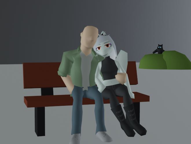 3d_(artwork) anon_(snoot_game) anthro bald bench binoculars blue_body digital_media_(artwork) dinosaur fang_(gvh) featureless_face female goodbye_volcano_high group hair human long_hair makeup male mammal missy_(napalm_express) orange_eyes pterodactylus pterosaur reptile scalie silver_hair simple_background sitting snoot_game_(fan_game) trio unknown_artist wings