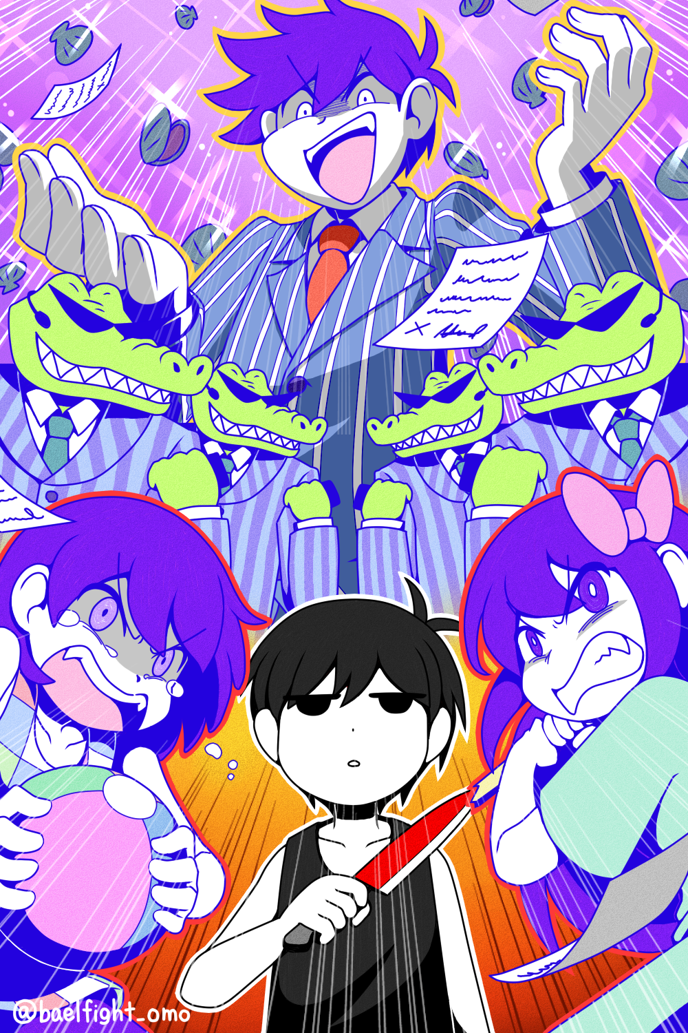 1girl 6+boys alligator angry aubrey_(headspace)_(omori) aubrey_(omori) ball black_eyes black_hair bow bright_pupils clam clenched_teeth collarbone colored_skin crocodilian crying crying_with_eyes_open fangs gator_guy_(omori) hair_bow hero_(headspace)_(omori) hero_(omori) highres holding holding_ball kel_(headspace)_(omori) kel_(omori) long_hair long_sleeves looking_at_viewer miya_(baelfight) multiple_boys necktie omori omori_(omori) open_mouth paper parted_lips pink_bow purple_eyes purple_hair red_necktie short_hair sunglasses tank_top tears teeth twitter_username upper_teeth_only white_pupils white_skin