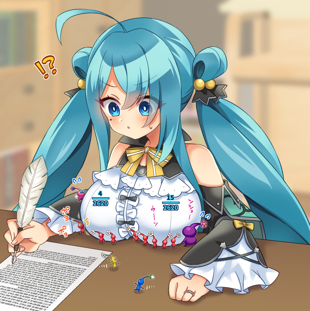 !? 1girl :o ^^^ ahoge bare_shoulders bedroom black_bow black_collar black_sleeves blue_eyes blue_hair blue_pikmin blue_skin bow bow_button bowtie breasts bud center_frills clenched_hand collar colored_skin commission crossover desk detached_sleeves dress eyelashes fingernails flower flower_knight_girl flying flying_sweatdrops fraction frilled_sleeves frills hair_bobbles hair_ornament hair_ribbon holding holding_quill huge_breasts indoors insect_wings isogiku_(flower_knight_girl) jewelry light_blush long_hair long_sleeves mole mole_under_eye motion_lines open_mouth pikmin_(creature) pikmin_(series) pink_flower pink_skin plump pointy_ears purple_flower purple_pikmin purple_skin quill red_pikmin red_skin ribbon ring sidelocks single_stripe sitting skeb_commission sleeve_bow solid_circle_eyes soumendaze striped striped_bow striped_bowtie sweatdrop twintails upper_body v-shaped_eyebrows walking white_dress white_flower wide_sleeves winged_pikmin wings writing yellow_bow yellow_bowtie yellow_pikmin yellow_skin