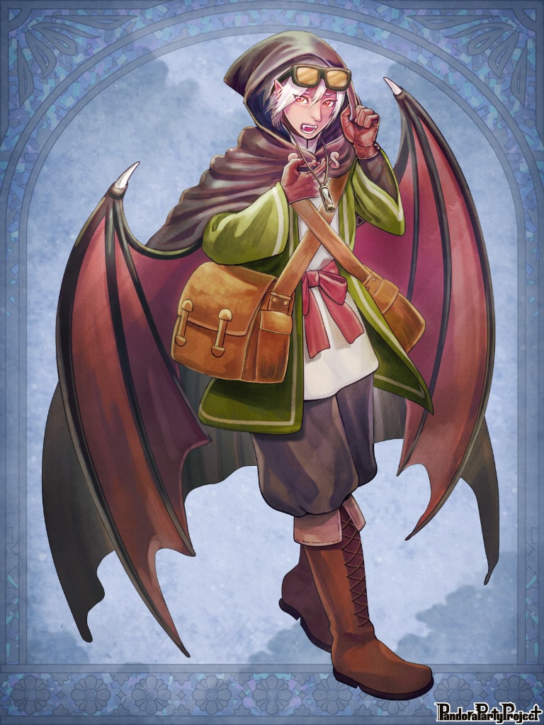 :o bag black_cape black_pants brown_footwear brown_gloves cape copyright_name fangs gloves green_jacket grey_background handbag hood hooded_cape jacket looking_at_viewer mizuki_apple orange_eyes pandora_party_project pants pointy_ears pointy_nose whistle white_hair wings