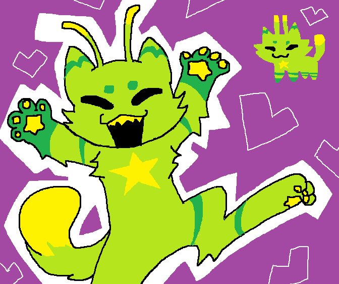 alien ambiguous_gender antennae_(anatomy) anthro casual_nudity cryptidx domestic_cat excited eyes_closed felid feline felis feral fur gnarpy green_body green_fur mammal nonbinary_(lore) open_mouth pawpads paws roblox star_marking teeth_showing