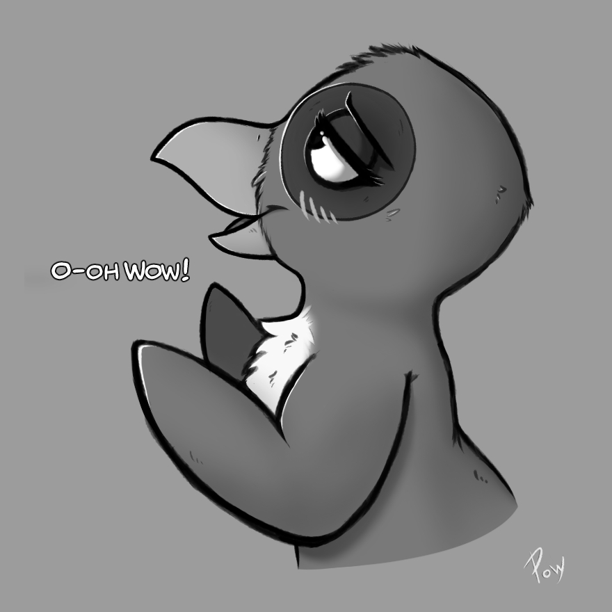 2023 avian beak bird blush blush_lines chest_tuft dialogue digital_drawing_(artwork) digital_media_(artwork) english_text eyebrows eyelashes feathers female grey_background greyscale half-closed_eyes monochrome narrowed_eyes open_beak open_mouth penguin powerinfinity profile_view shaded signature simple_background soft_shading solo text tuft