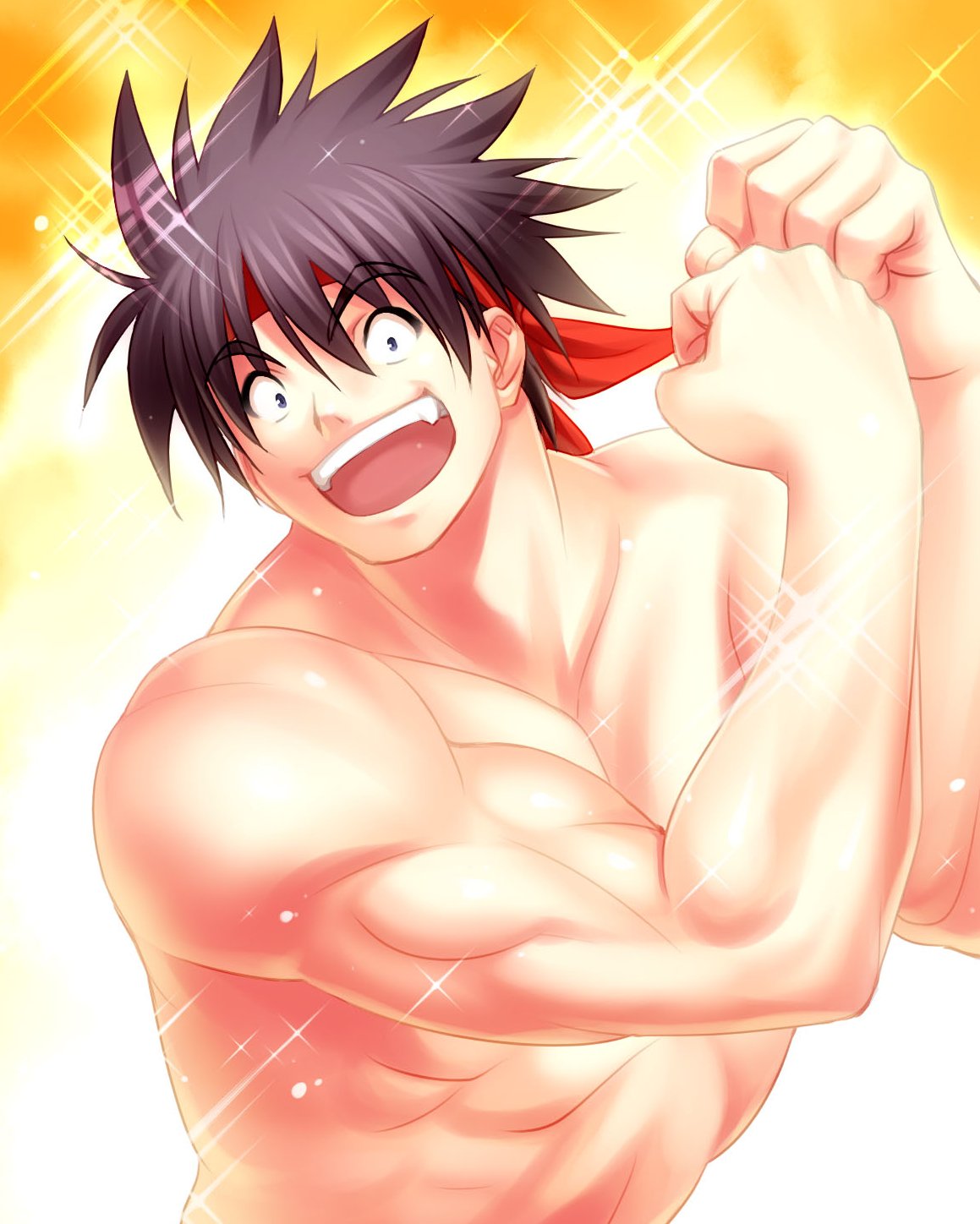 1boy :d abs biceps black_hair blue_eyes clenched_hands commentary_request excited fang hands_up head_tilt headband highres inohara_masato little_busters! looking_at_viewer muscular muscular_male nude open_mouth red_headband second-party_source short_hair simple_background smile solo sparkle spiked_hair triceps upper_body wide-eyed yellow_background zen_(kamuro)