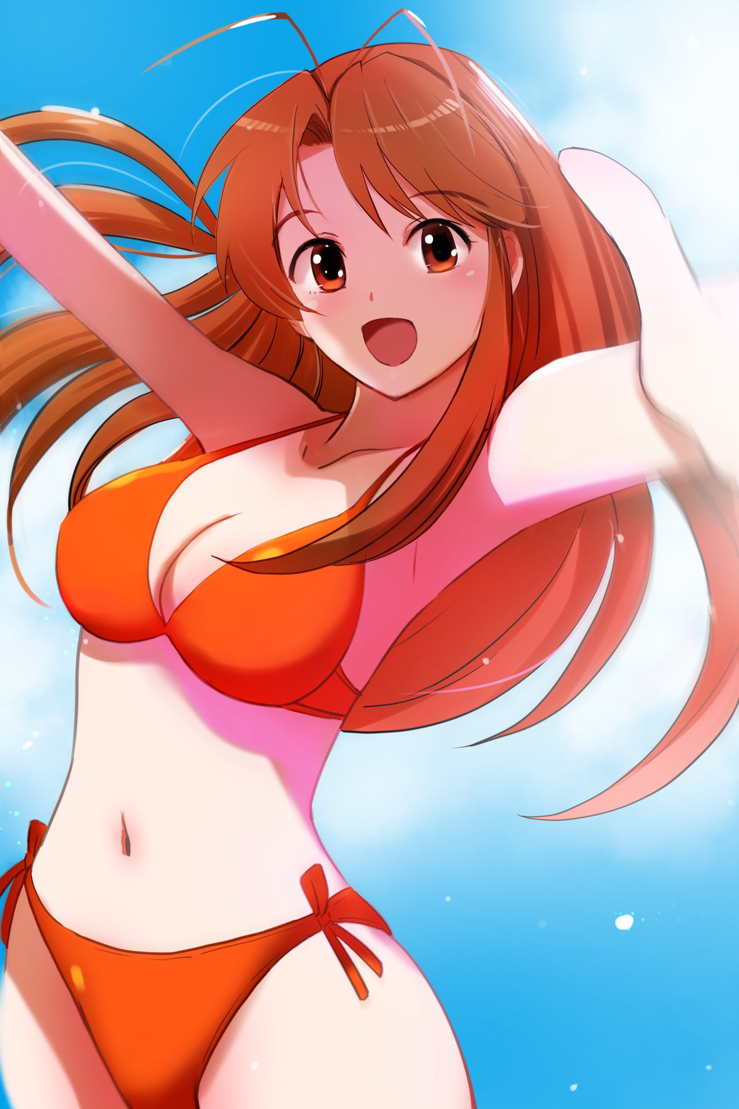 1girl :d antenna_hair armpits bikini blue_sky breasts brown_eyes brown_hair cleavage cloud cloudy_sky commentary cowboy_shot cumulonimbus_cloud floating_hair foreshortening hair_strand highres large_breasts light_blush light_particles long_hair looking_at_viewer love_hina narusegawa_naru navel open_mouth orange_bikini outstretched_arms side-tie_bikini_bottom sky smile solo swimsuit tanaka_yutaka