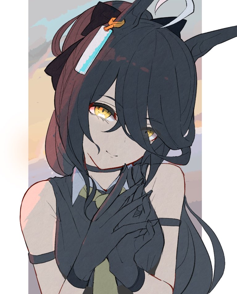 1girl ahoge animal_ears arm_strap armpit_crease black_choker black_gloves black_hair choker ear_ornament ear_tag earrings gloves hair_between_eyes hair_ornament hair_ribbon hair_strand head_tilt horse_ears horse_girl jewelry kawamochi_(tddm3573) long_hair manhattan_cafe_(umamusume) necktie own_hands_together ponytail ribbon seductive_smile sleeveless smile solo umamusume yellow_eyes yellow_necktie