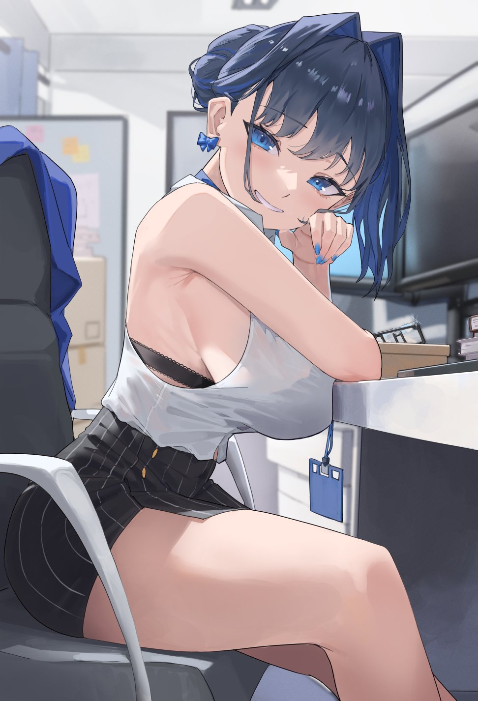 1girl archinoer black_bra black_skirt blue_choker blue_eyes blue_hair blue_nails bow bow_earrings bra bra_visible_through_clothes breasts chair choker collared_shirt computer cubicle desk earrings heart-shaped_gem high-waist_skirt highres hololive hololive_english id_card jewelry lace-trimmed_bra lace_trim large_breasts medium_hair monitor office_chair office_lady ouro_kronii ribbon_earrings shirt sideboob skirt smile solo swivel_chair thick_thighs thighs tight_clothes tight_shirt underwear virtual_youtuber white_shirt