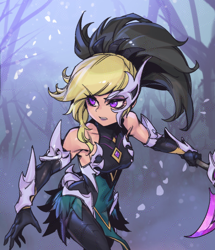 1girl akali bare_shoulders black_gloves blonde_hair breasts brown_hair coven_akali covered_navel elbow_gloves gem gloves holding holding_weapon large_breasts league_of_legends leaning_forward long_hair looking_to_the_side multicolored_hair petals phantom_ix_row pink_eyes solo teeth tree two-tone_hair weapon