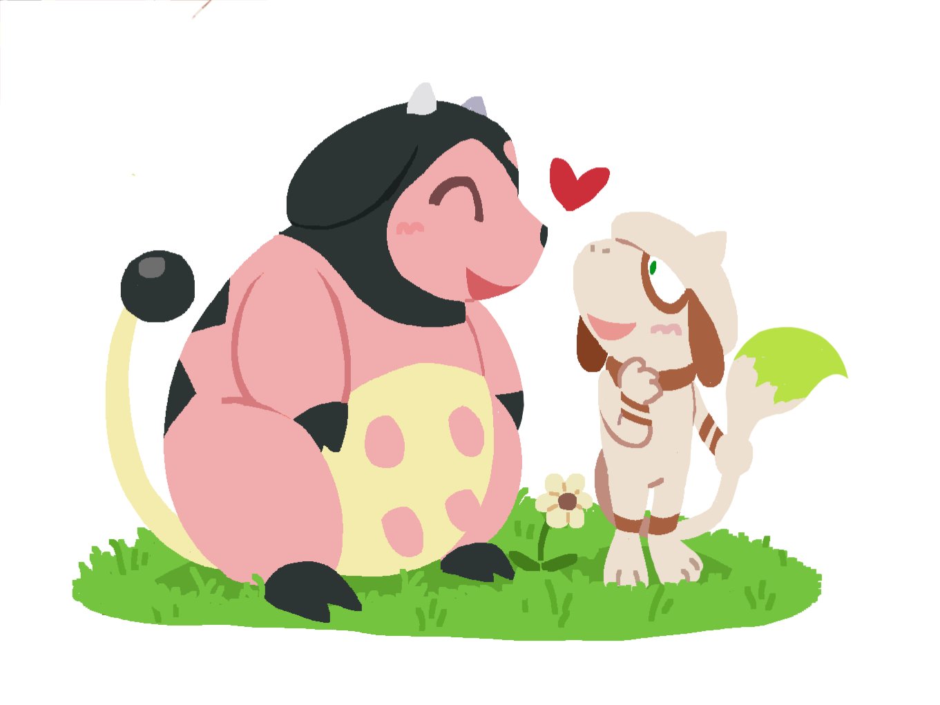 &lt;3 2023 ambiguous/ambiguous ambiguous_gender belly big_belly cassicat duo eye_contact feral flower generation_2_pokemon grass happy holding_tail looking_at_another miltank nintendo nude overweight overweight_ambiguous overweight_feral plant pokemon pokemon_(species) romantic simple_background sitting smeargle standing tail white_background