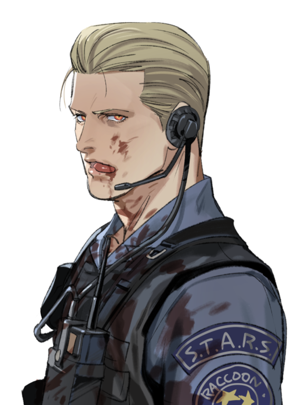 1boy albert_wesker bad_source blonde_hair blood blood_on_clothes blood_on_face bulletproof_vest hair_slicked_back highres licking_blood licking_lips muscular muscular_male police police_uniform red_eyes resident_evil tatsumi_(psmhbpiuczn) tongue tongue_out uniform