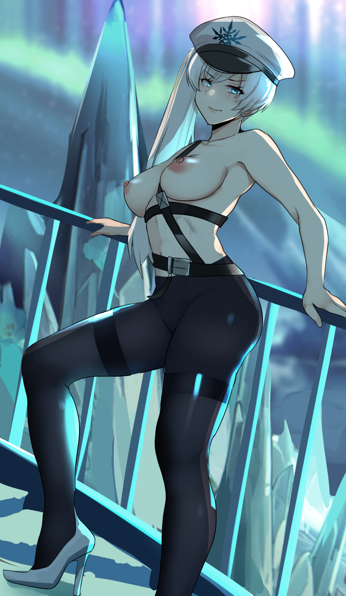 1girl against_railing aurora belt between_breasts black_belt black_pantyhose blue_eyes breasts closed_mouth foot_out_of_frame hat high_heels high_side_ponytail ice iceberg lainart leaning long_hair looking_at_viewer medium_breasts military_hat military_uniform multiple_belts nipples pantyhose peaked_cap railing rwby rwby_ice_queendom scar scar_across_eye scar_on_face sky smile snowflake_print solo strap_between_breasts thighband_pantyhose thighs topless uniform v-shaped_eyebrows very_long_hair weiss_schnee white_hair white_headwear