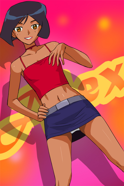 1girl alex_(totally_spies) belt black_hair blue_skirt brown_eyes collarbone dark-skinned_female dark_skin flat_chest haruyama_kazunori lipstick looking_at_viewer makeup navel panties short_hair skirt smile solo totally_spies underwear white_panties