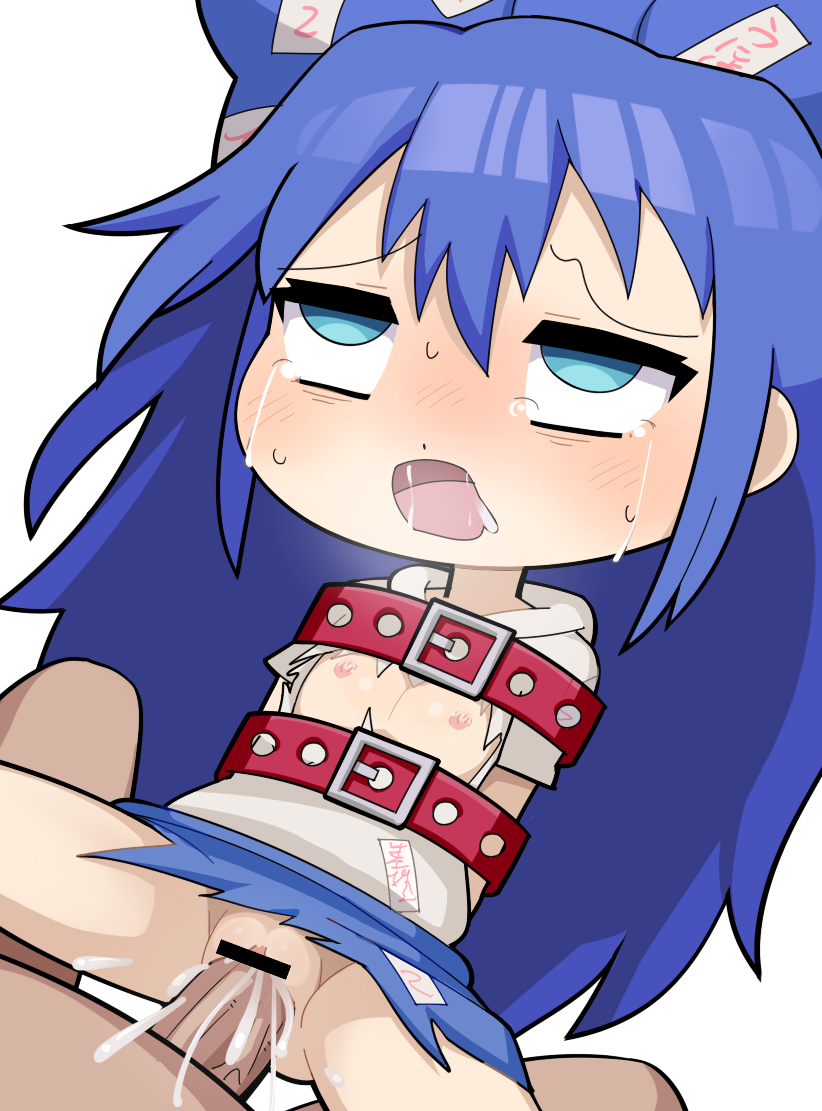 1boy 1girl bar_censor belt blue_bow blue_eyes blue_hair blue_skirt bound bound_arms bow censored clenched_teeth commentary cookie_(touhou) cowboy_shot crying crying_with_eyes_open cum cum_in_pussy cum_overflow debt ejaculation flat_chest grey_hoodie hair_between_eyes hair_bow hetero hood hood_down hoodie hospital_king long_bangs long_hair motion_lines nipples penis pussy red_belt sex short_sleeves simple_background skirt solo_focus tears teeth textless_version torn_clothes torn_hoodie torn_skirt touhou upturned_eyes vaginal white_background yorigami_shion zerukalo_(cookie)
