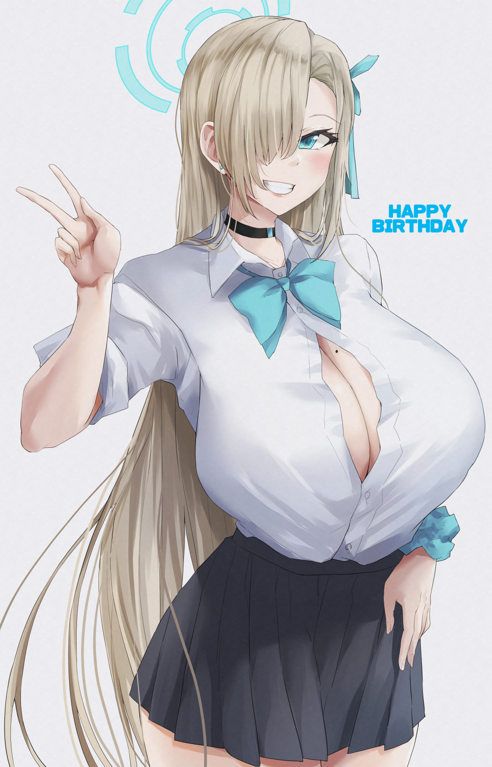 asuna_(blue_archive) black_skirt blonde_hair blue_archive blue_eyes breasts cleavage commentary_request english_text grin hair_over_one_eye hand_up happy_birthday highres ibara_azuki large_breasts long_hair looking_back mole mole_on_breast one_eye_covered parted_lips pleated_skirt shirt shirt_tucked_in skirt smile teeth v white_shirt