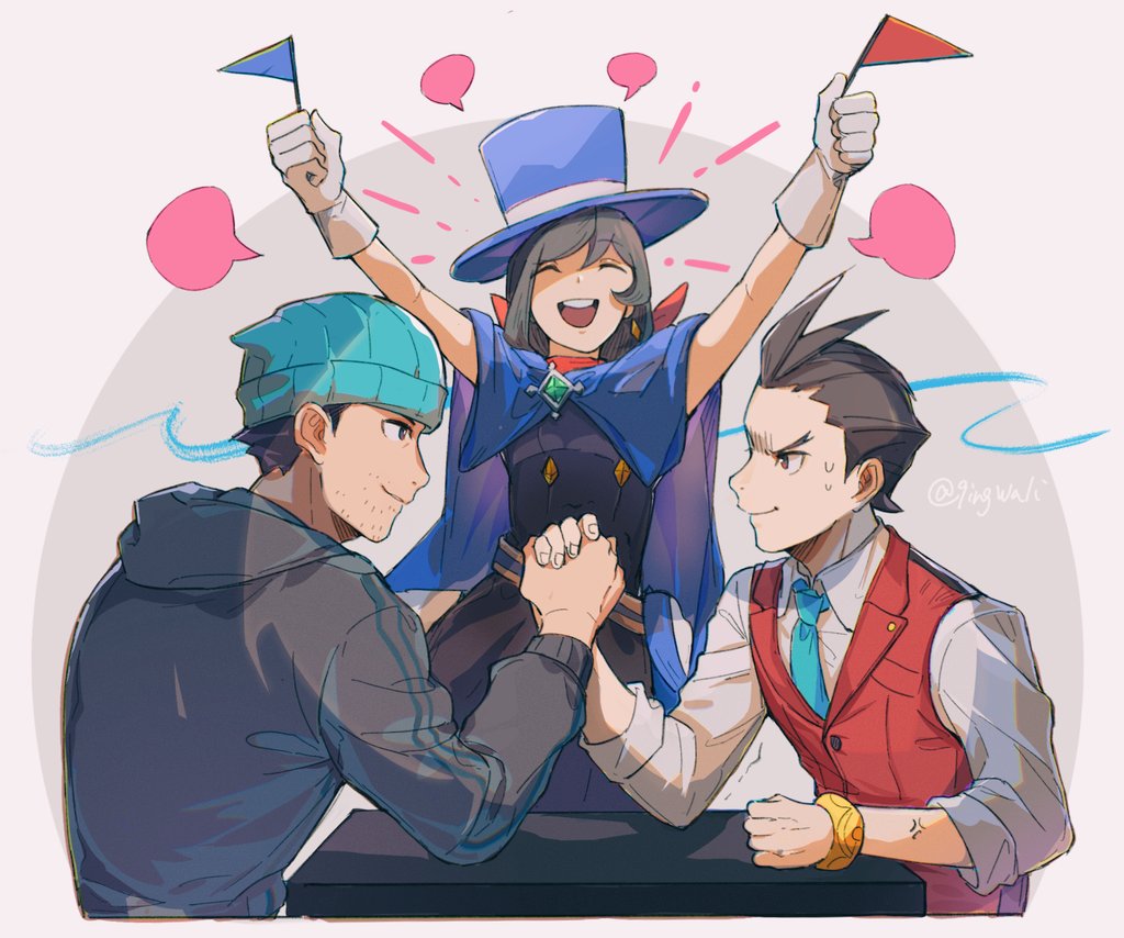 1girl 2boys :d ace_attorney anger_vein antenna_hair apollo_justice aqua_necktie arm_wrestling arms_up beanie beard_stubble black_dress black_hair blank_speech_bubble blue_cape blue_headwear bracelet breast_pocket brown_eyes brown_hair buttons cape closed_eyes closed_mouth cropped_torso dress flag gloves grey_background grey_jacket hat holding holding_flag hood hood_down hooded_jacket jacket jewelry kaeru_(qingwali) lapel_pin lapels long_sleeves multiple_boys necktie phoenix_wright pocket profile red_scarf red_vest scarf shirt short_hair sleeves_rolled_up smile speech_bubble swept_bangs table top_hat trembling trucy_wright twitter_username upper_body v-shaped_eyebrows vest white_gloves white_shirt