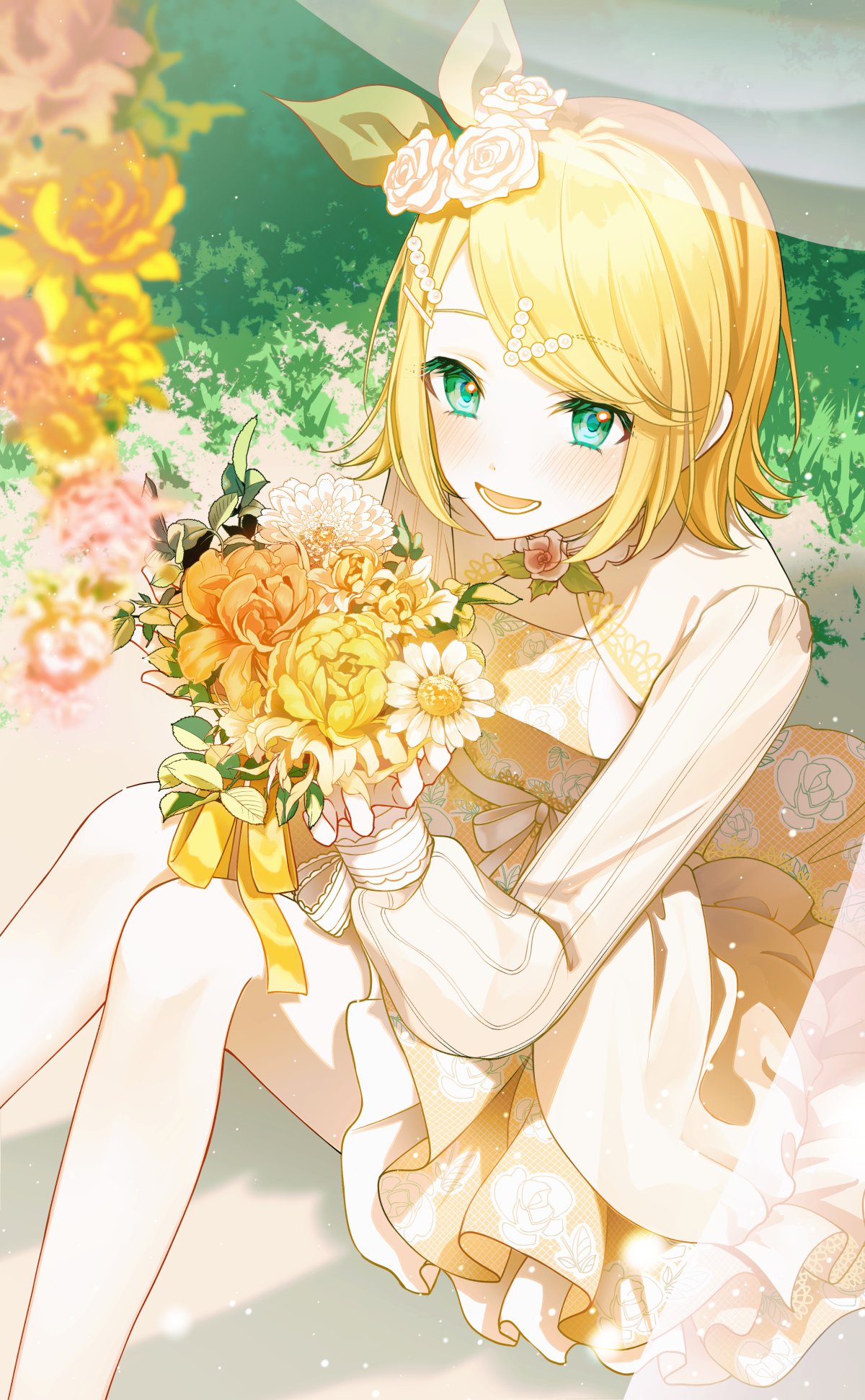 aqua_eyes bouquet dress flower from_behind grass highres holding holding_bouquet kagamine_rin liso long_sleeves looking_at_viewer official_alternate_costume on_ground orange_dress orange_flower outdoors parted_bangs pearl_hair_ornament project_sekai shrug_(clothing) vocaloid white_flower yellow_flower yellow_theme