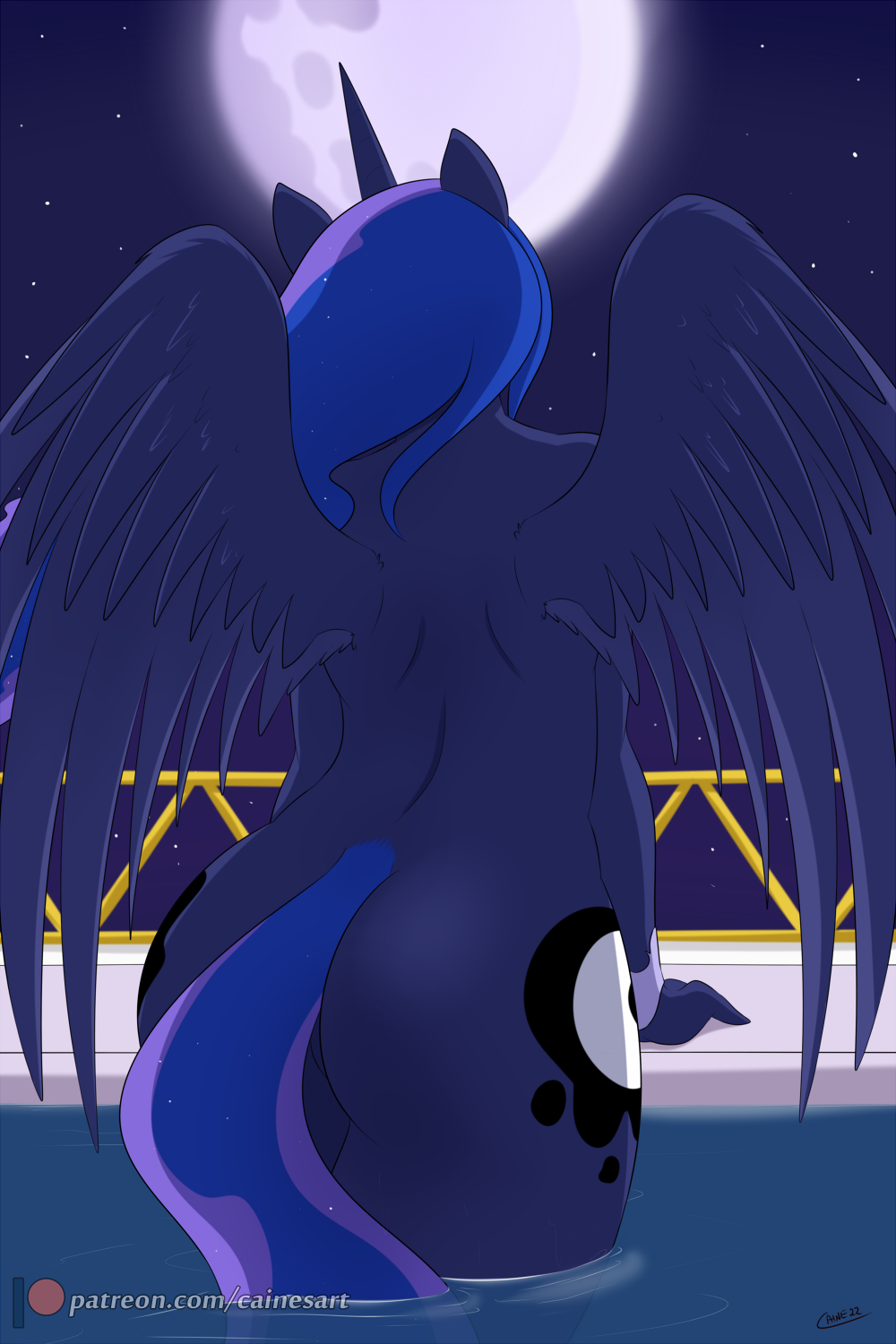 anthro cainesart digital_media_(artwork) equid equine friendship_is_magic full_moon genitals hasbro hi_res horn mammal moon my_little_pony night princess_luna_(mlp) pussy rear_view solo text url winged_unicorn wings